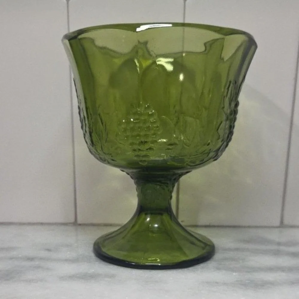 Indiana Glass Colony Harvest Grapes Compote, Vintage Avocado Green Pedestal Bowl